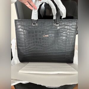 Elegant Black Crocodile-Embossed Laptop Bag NWOT